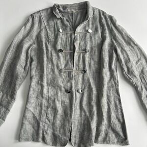 Gigi Moda OS Gray Linen Blend Military Jacket Made in Italy Rhinestones Raw Edge